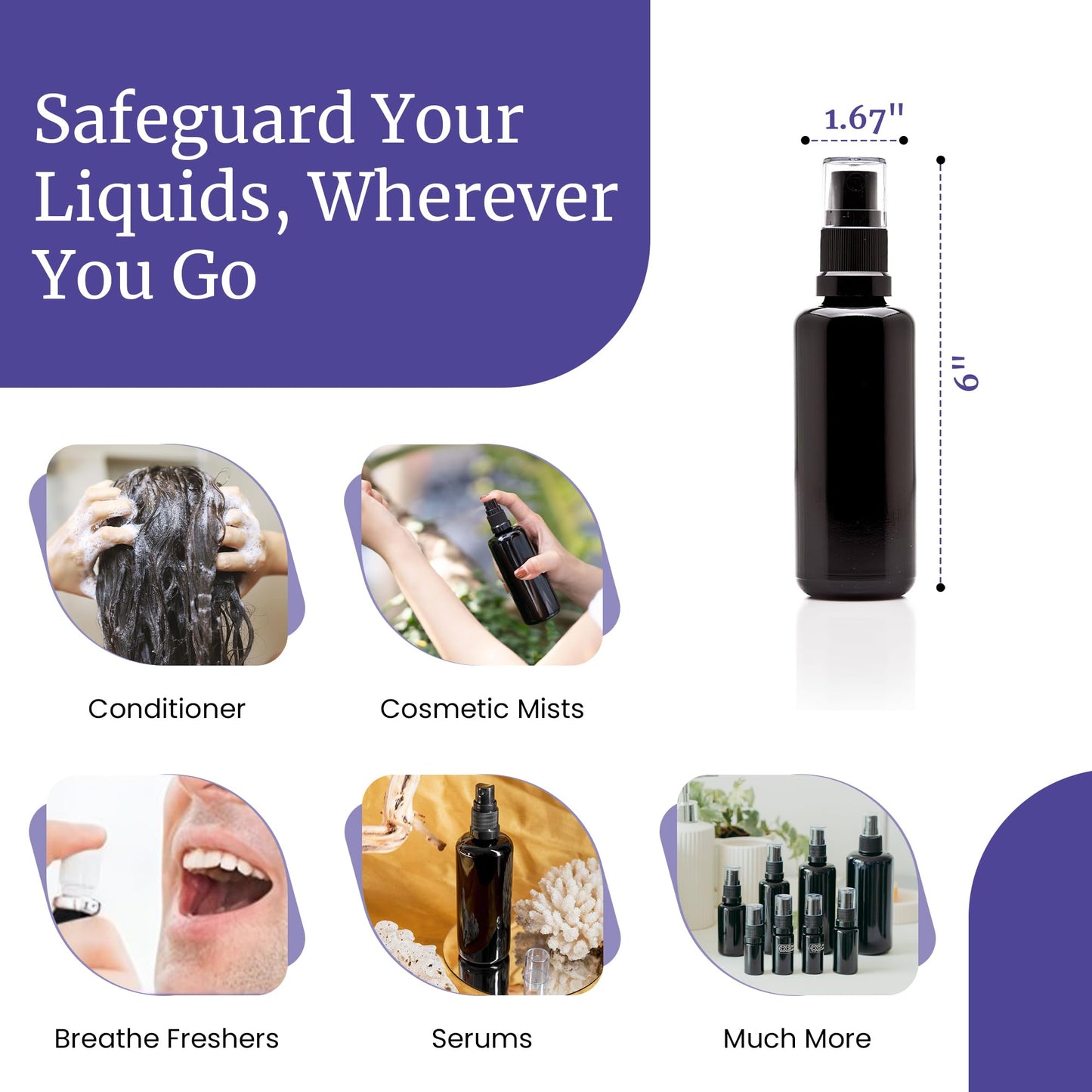 Infinity Jars 100 Ml (3.4 fl oz) Black Ultraviolet Glass Fine Mist Spray Bottle Cleaning Products Refillable Containers Homemade Perfume Blends Room, Sprays Bath Beauty Hair, Screw Top Bottles