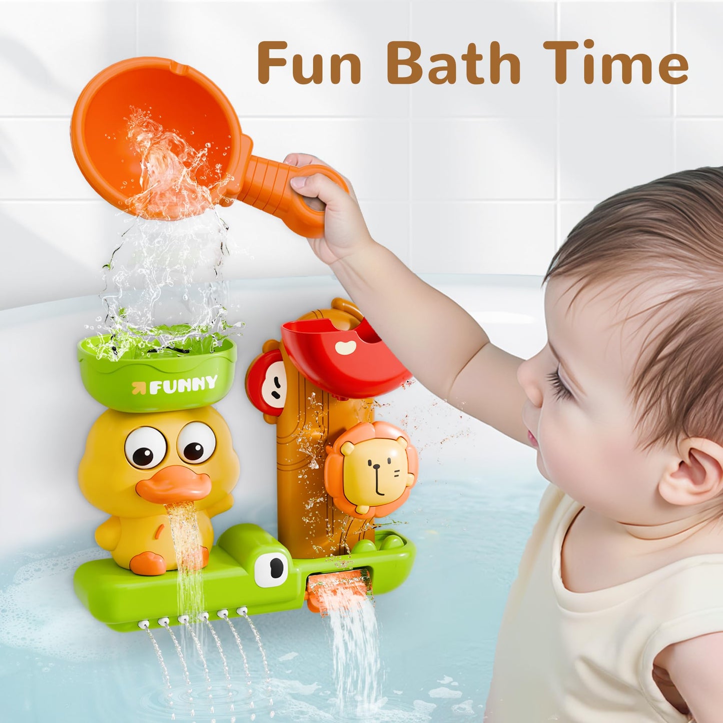 iPlay, iLearn Bath Toy for Toddlers 1-3, Baby Waterfall Duck Bathtub Toy W/ Suction Cup, Kid Bath Tub Shower Playset, Infant Bathtime Fun Birthday Summer Gifts 18 24 Month, 2-4, 3-5 Year Old Girl Boy