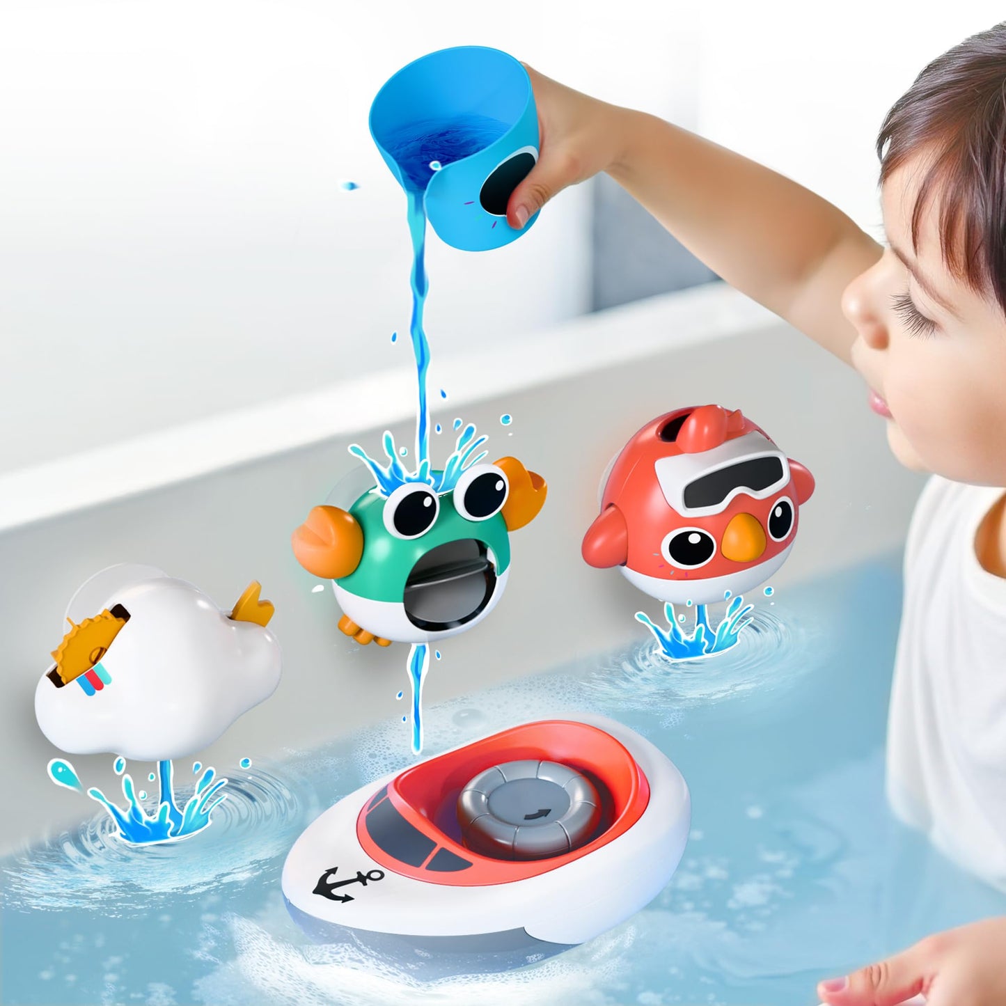 iPlay, iLearn Baby Bath Toy for Toddlers 1-3, Kids Bathtub Water Toy Set 6 8 9 12 Month W/ Shower Cup, Crab, Bird, Cloud & Wind Up Boat, Infant Fun Summer Pool Birthday Gift 2 3 4 Year Old Boys Girls