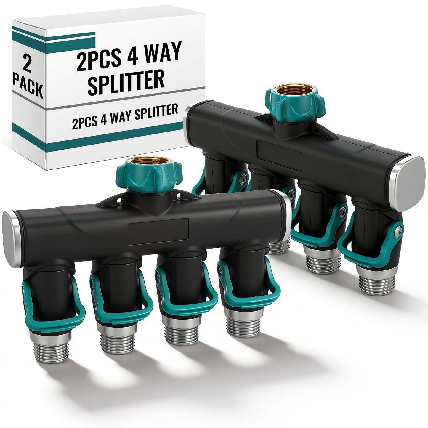 Chunful 4 Way Garden Hose Splitter Metal Water Hose Splitter Connector 3/4" Us Standard, Heavy Duty Zinc Alloy Hoses Manifold, Easy Grip & Easy to Open, 4 High-volume Valves for Irrigation Lawn Garden