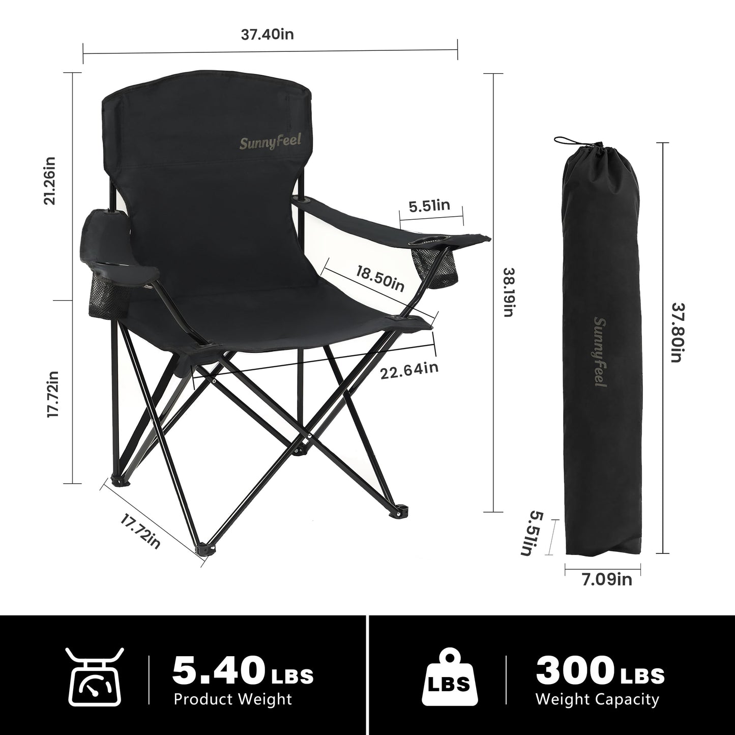 SUNNYFEEL Portable Camping Chair with Side Pockets & Cup Holder 300LBS Capacity Padded Portable Outdoor Chair, Carry Bag Included, Great for Camping, Tailgating, Firepits, Patio, & More Black
