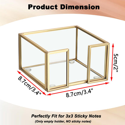 BTSKY Golden Glass Sticky Note Holder for 3x3 Inch Sticky Notes, Elegant Post It Note Dispenser with Non-Slip Pads Clear Notepad Holder for Desk Organization Planning, Home Office Decor