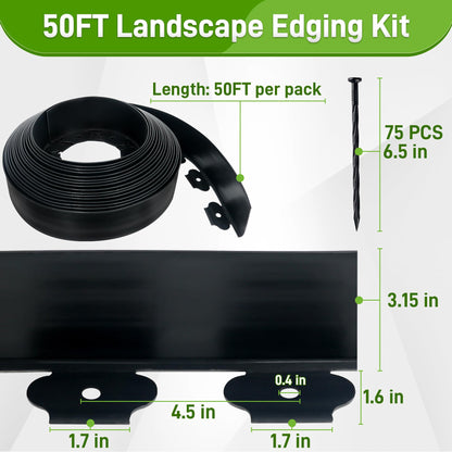 Quibbay 3.15" x 50' No Dig Landscape Edging, Plastic Garden Edging Borders with 75 Anchoring Spikes, Flexible Lawn Edging for Landscaping Garden Flower Beds Grass Yard Paver Pathway, Black