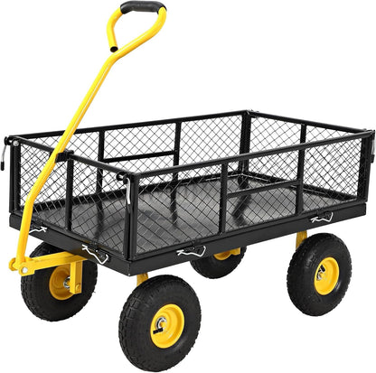 900 Lbs Heavy Duty Steel Garden Cart, Garden Wagon Cart on Wheels, Outdoor Metal Yard Utility Wagon Carts with and Mesh Removable Sides(Convert to Flatbed) and 180°Rotating Handle,Black