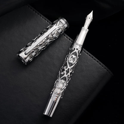HONG DIAN D1 Piston Fountain Pen Fine Nib, Hollow Skeleton & Resin with Metal Case Set (Silver)