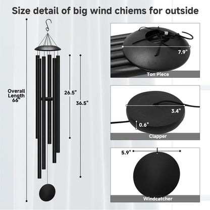 66" Extra Large Wind Chimes for Outside Deep Tone, 6 Thick and Bold Aluminum Tubes Tuned Relaxing Melody Wind Chime, Big Wind Chimes for Garden Patio Decor, Great Gift Idea for Mother's Day (Black)