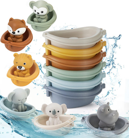 Auvitaya Baby Bath Toy Stackable Infant Bathtub Toys Stacking Floating Boat Train with Animal Finger Puppets Bath Toy Silicone Hand Puppet Educational Beach Toys for Babies Toddlers Party Favors