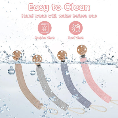TYRY.HU Ribbon Pacifier Clip Holder,4 Pack Binky Paci Holder Clips, Pacifier Leash for Boys and Girls,Fabric Pacifier Strap Universal Fits for Most Pacifier, Styles & Teethers(Khaki,Grey,Blue,Pink)