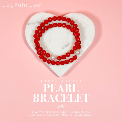 Joyfulmuze Natural Red Orange Coral and White Freshwater Pearl, Stretch Stacking Bracelets, Costal Summer Jewelry, Handmade Gift for Women and Men, Fit 6.5-7 inch Wrist (Coral-Pearl)