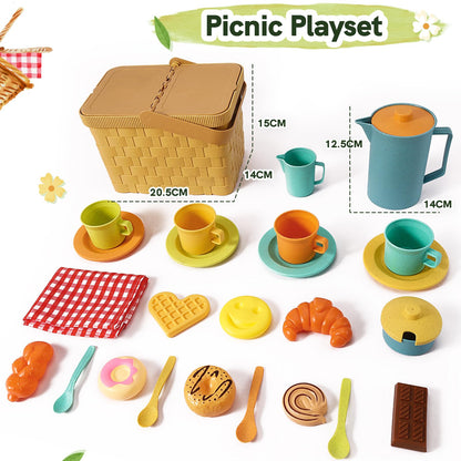 HERSITY Picnic Basket Toys for Toddlers, Kids Play Tea Sets with Teapot Tea Cup Dessert Food and Mat, Pretend Play Kitchen Accessories Tea Party Set Little Girl Boy 3 4 5 Years Old