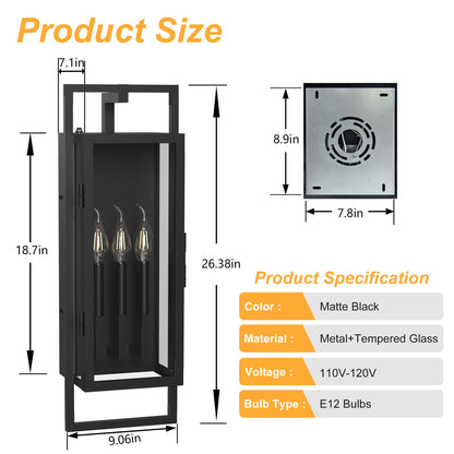 Lawyettle 26.38IN Porch Light Outdoor, Dusk to Dawn Wall Lantern with Tempered Glass, Waterproof Outside Light Front Porch Light 3-Light, Matte Black Front Open Window Wall Sconce for Patio