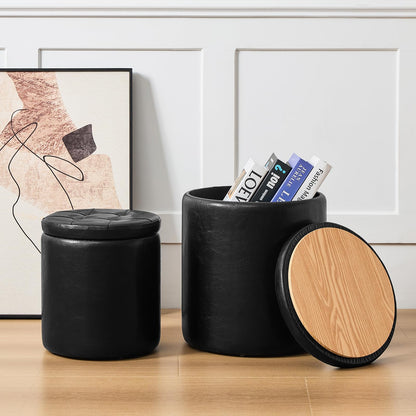oakvivo Round Ottoman with Storage Set of 2, 12.6" W x 14.17" H & 14.76" W x 17.32" H Faux Footstool Storage Ottomans for Bedroom, Living Room Padded Coffee Table Ottomen, Black