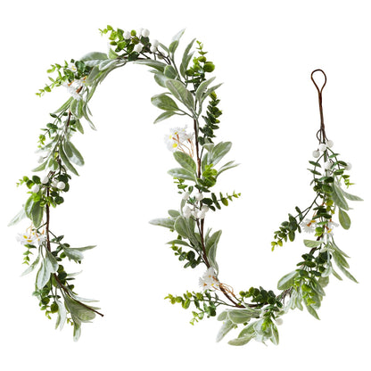Artificial Eucalyptus Garland 6FT with Flowers & White Berries – Faux Greenery Garland for Spring Wedding Mantle Table Indoor Outdoor Home Decor