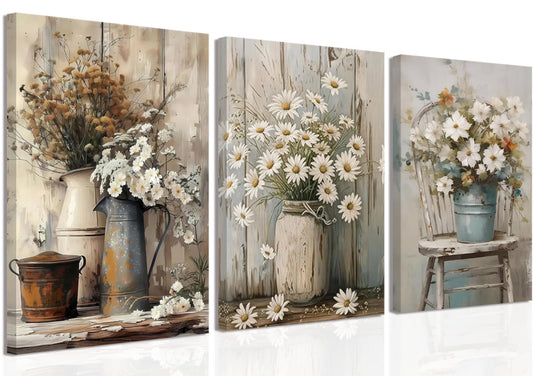 Rustic Farmhouse Floral Daisy Canvas Wall Art Set of 3 Vintage Country Flower Posters Wall Decor Wood Grain Paintings Print Rustic Decor Artwork for Bathroom Living Room Bedroom 12x16 In Framed