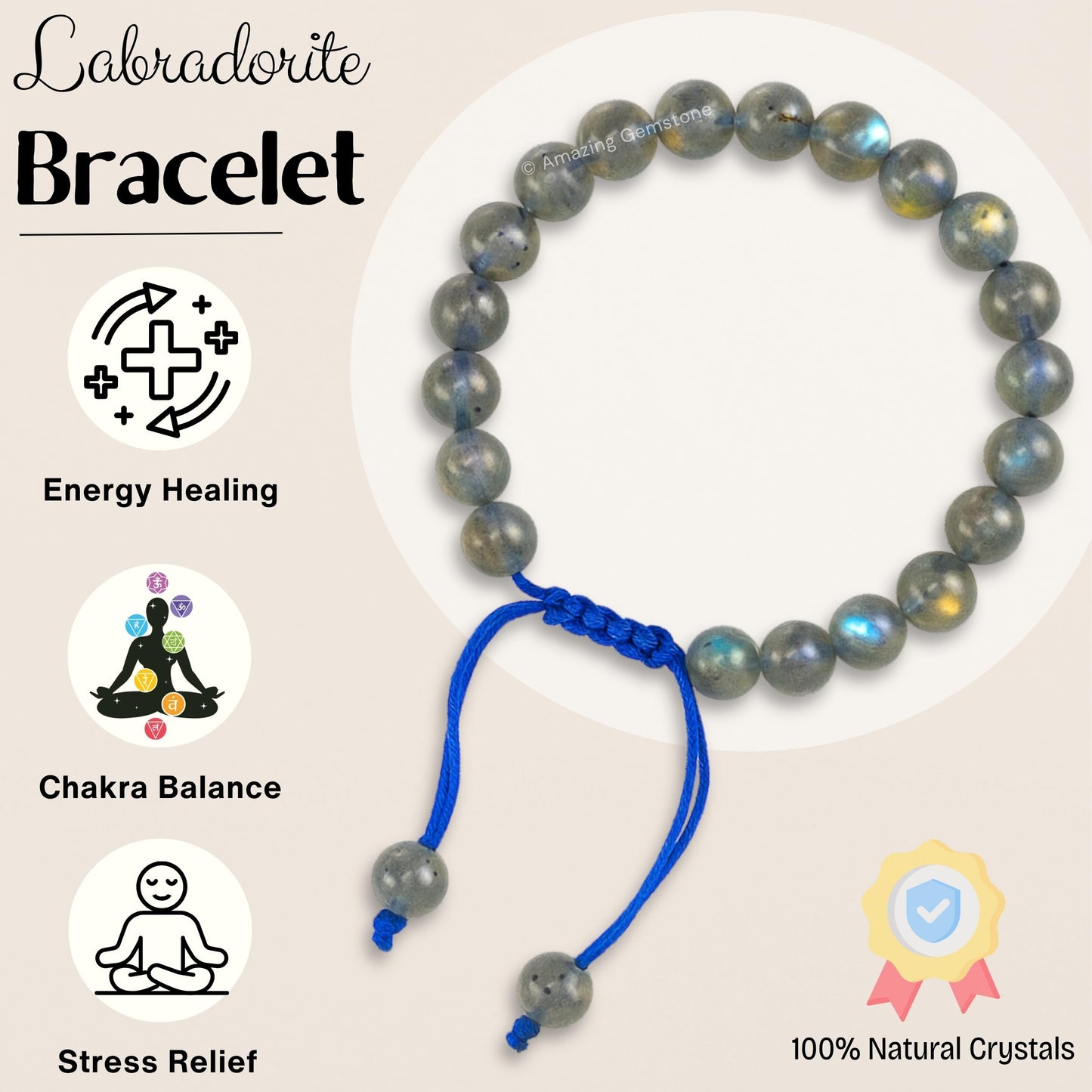 Amazing Gemstone Labradorite Bracelet, Gifts For Men & Women - Protection Healing Crystal Bracelet - 8mm Gemstone Beaded Adjustable Bracelet, Pulseras Para Hombres Mujer Stocking Stuffers
