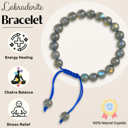 Amazing Gemstone Labradorite Bracelet, Gifts For Men & Women - Protection Healing Crystal Bracelet - 8mm Gemstone Beaded Adjustable Bracelet, Pulseras Para Hombres Mujer Stocking Stuffers