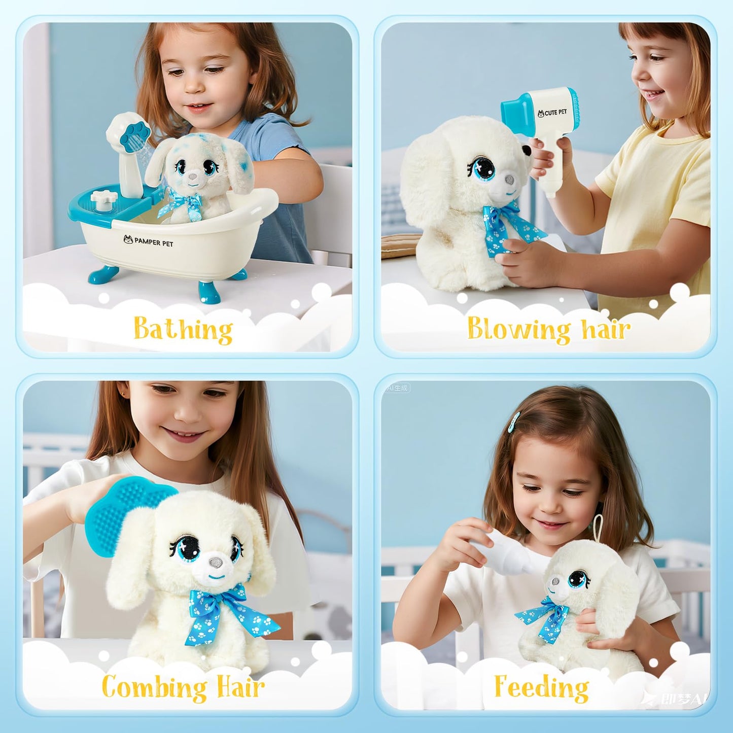 G.C Paint-Wash-Recolor Dog Plush Doll Toys for Kids Painting Craft Kit, Pretend Play Bath Toy with Bathtub, Blow Pen, Doodle Stuffed Animal Doll Painting Kit Gift for Boys Girls Ages 3 4 5 6 7 8