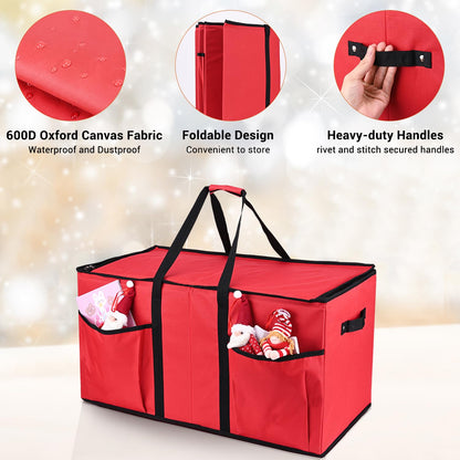 Mrrihand Christmas Ornament Storage Box, Xmas Decoration Organizer with Adjustable Dividers - Storage Container Keeps 128 Holiday Ornaments 3-Inch, Dual Zipper Closure, 600D Tear-Proof Material(Red)