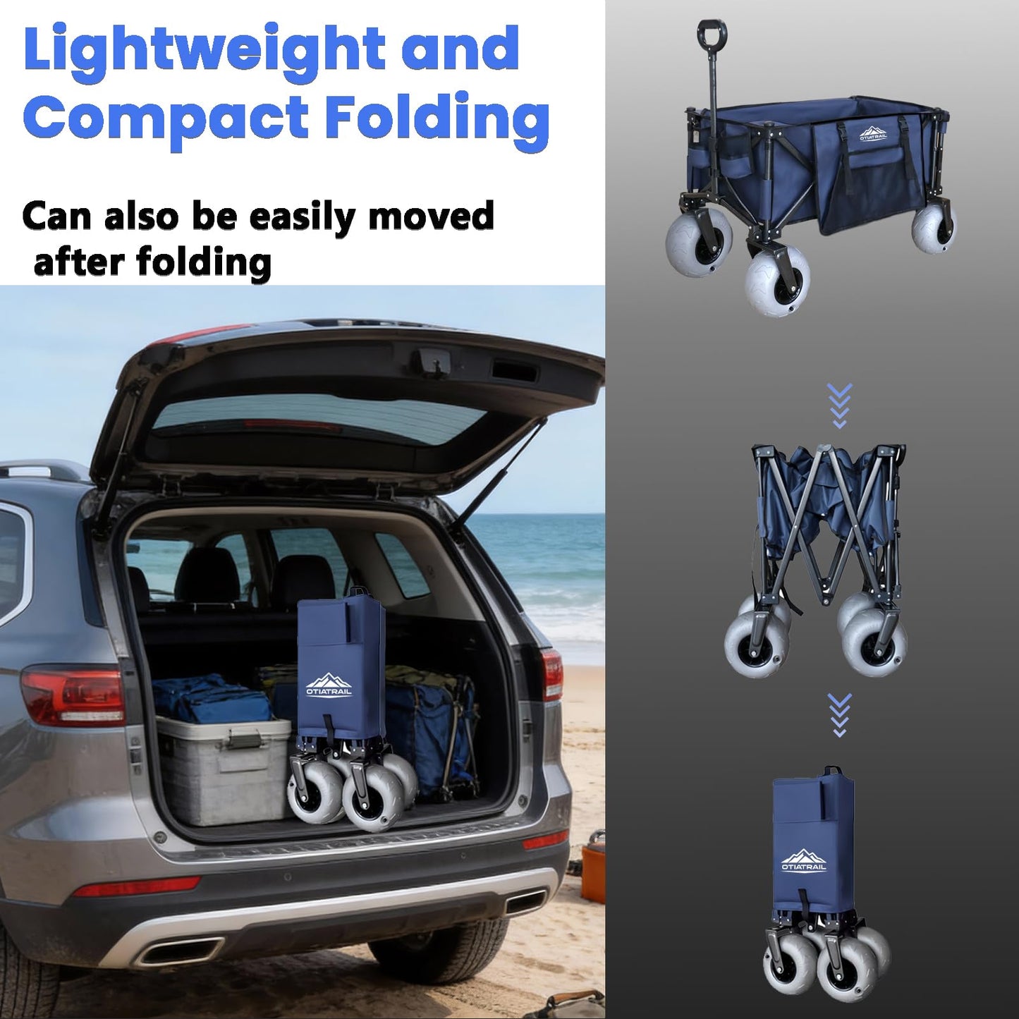 OTIATrail Beach Wagon for Sand with Big All-Terrain 9*4" Balloon Wheels, 200L Large Capacity 330lbs Heavy Duty Beach Carts, Collapsible Utility Wagon with Extended Tailgate for Beach Camping Outdoors