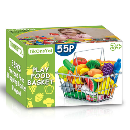 55 Pcs Grocery Store Pretend Play Food Set with Shopping Basket for Kids Toddlers 1-3 4-8, Kids Play Kitchen Accessories Plastic Fake Food Fruits and Vegetables Can Toy Gifts for Boys Girls
