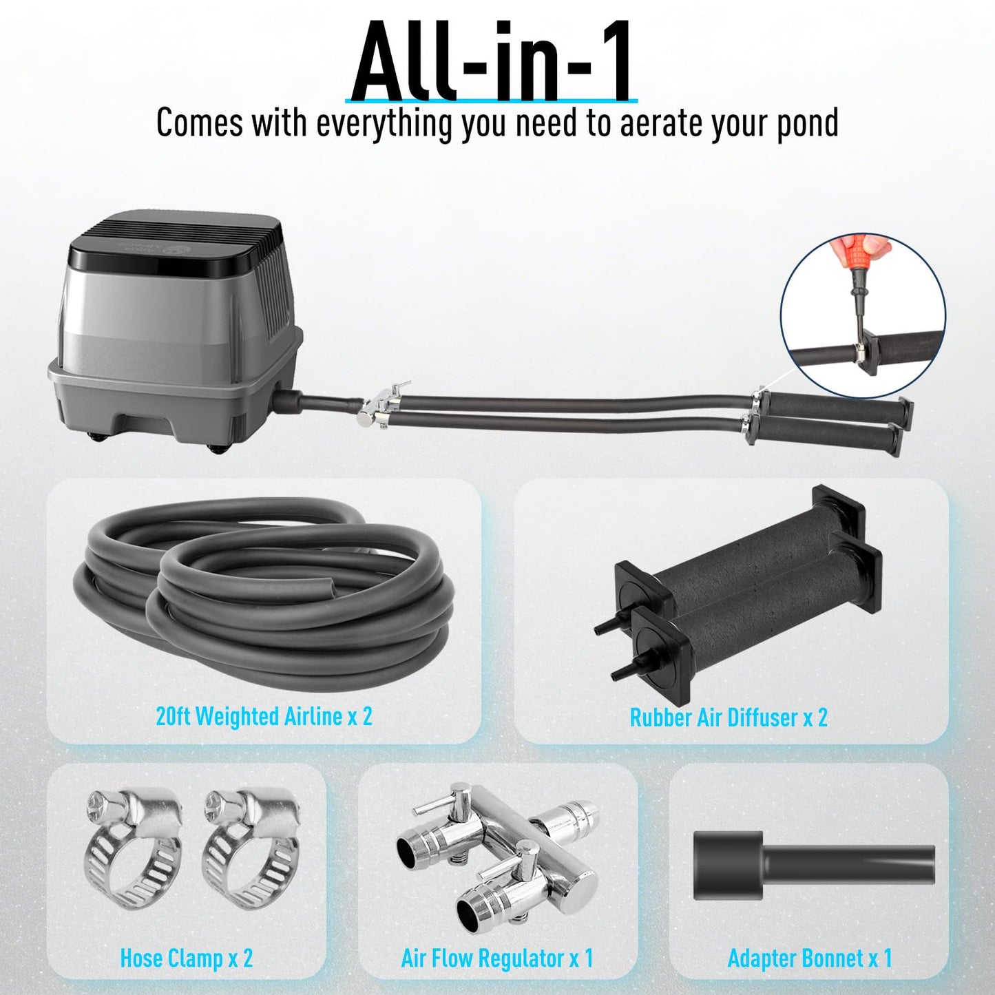AquaMiracle Koi Pond Aerator Pond Air Pump for Outdoor Ponds 5000-10000 Gallons, All-in-One Aeration Kit with Self-Sinking Airline Flow Control Rubber Air Diffuser