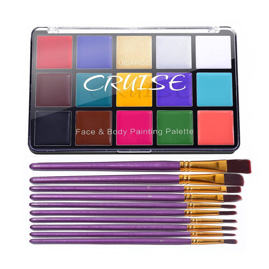 UCANBE Face Body Paint Oil Palette + 10 Pcs Brushes Set, Professional 15 Colors Face Painting Makeup Kit for Halloween Cosplay SFX Parties Theater Stage Artist Costume Festival