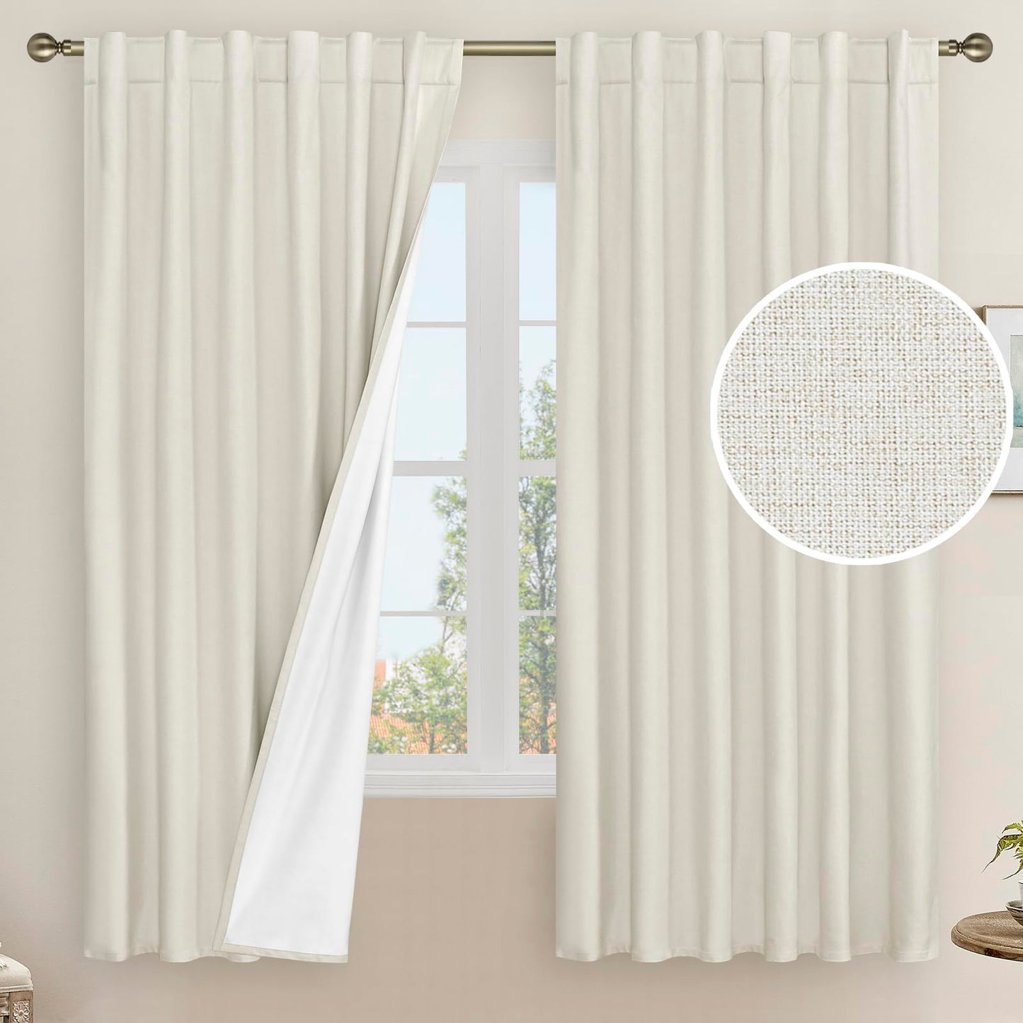LAMIT 100% Blackout Natural Polyester Curtains, 63 Inches Linen Textured Thermal Bedroom Curtains Back Tab and Rod Pocket Neutral Panels with White Liner for Farmhouse, 2 Panels, 52 x 63 Inch, Ivory