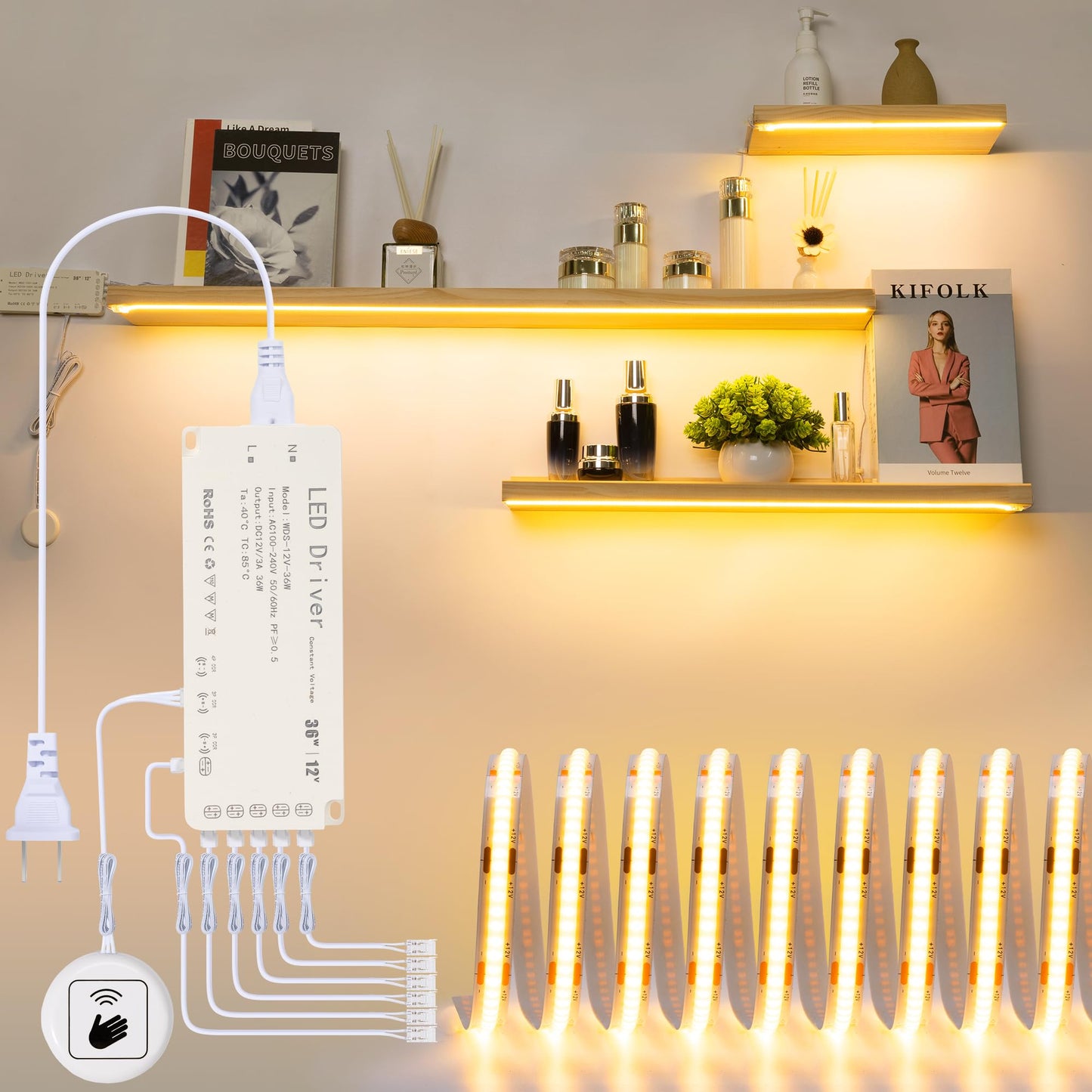 Martronic 16.4ft 3000K Shelf Sights, Plug-in Cut to Size COB LED Light Strip for 6 Shelves, Hand-Sweep Under Shelf Lighting for Pantry Bookshelf