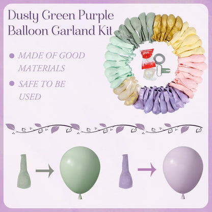 Amandir 173Pcs Dusty Green Purple Pink Balloon Arch Garland Kit, Lavender Pastel Blush Pink Yellow Mist Green Gold Confetti Balloons for Easter Shower Wedding Tea Wildflower Birthday Party Decorations