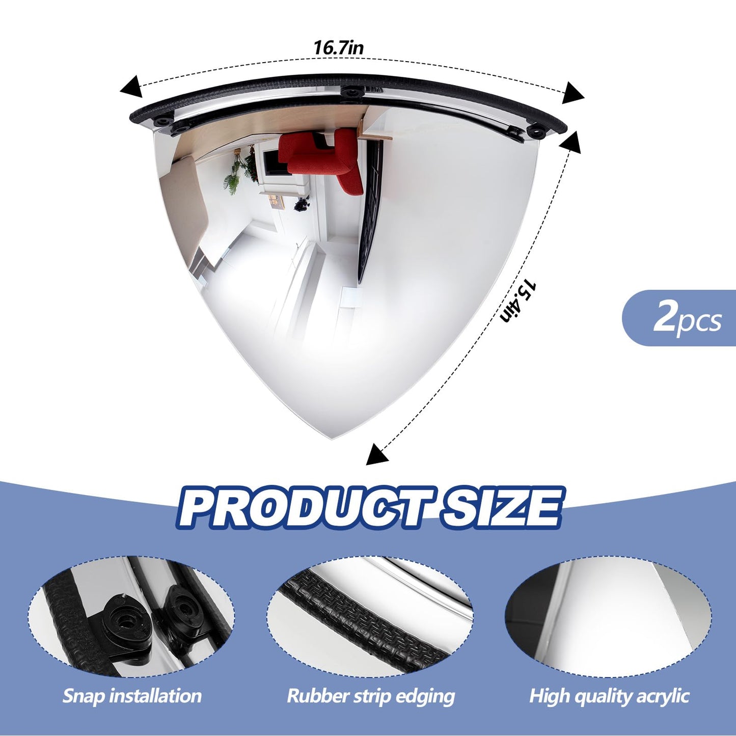 Suzile 2 Pieces 26 Inch Acrylic Quarter Dome Mirror Convex Corner Safety Mirror High Viewing Angle Blindspot for Wall Warehouses Offices Retail Stores Parking Garages