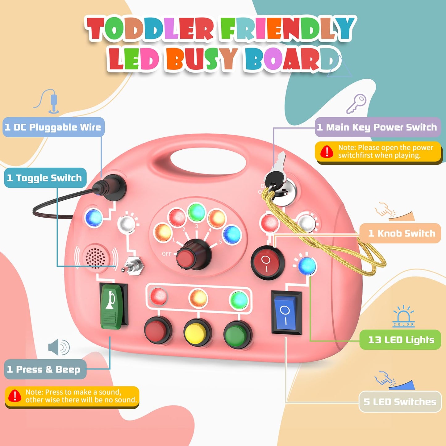 JIWORT Montessori Busy Board with LED Light for Toddlers 2-4 Year Old, Sensory Toys with Sounds & Switches, Car Driving Travel Toys for Kids, Preschool Busy Book Boy and Girls Birthday Gifts (Pink)
