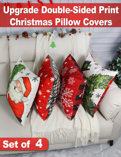 multiwins Christmas Decorations Set of 4 Double-Sided Print Christmas Pillow Covers 18" x 18", with 8 Cute Patterns, Throw Pillow Covers Perfect for Home Christmas Decor