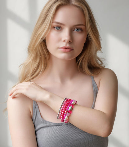 Noessla Beaded Pearl Stretch Bracelet Silver Stackable Crystal Beads Bracelets Trendy Costume Jewelry Mothers Day Gifts for Women(Hot pink)