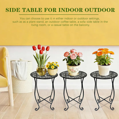 Arbuxzuy 3 Packs 17" Tall Round Metal Outdoor Side Tables for Patio, Decorative Black Flower Pot Stand, Rustproof Potted Holder, 120 lbs Load Capacity