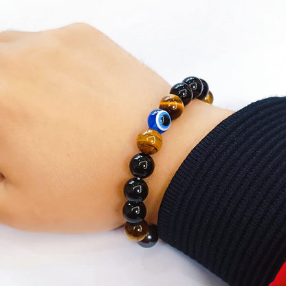 WEFRIN Evil Eye with Hematite Black Obsidian Tiger Eye Stone Triple Protection Bracelets for Men Women, Crystal Stone Bracelet Bring Luck Prosperity and Happiness Jewelry