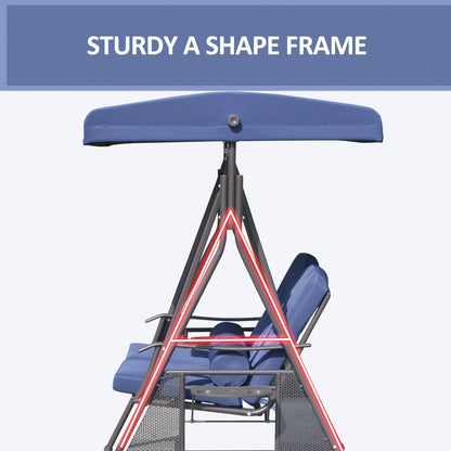 Outsunny 2-Person Patio Swing Bench with Adjustable Shade Canopy, Soft Cushions, Throw Pillows and Tray, Dark Blue