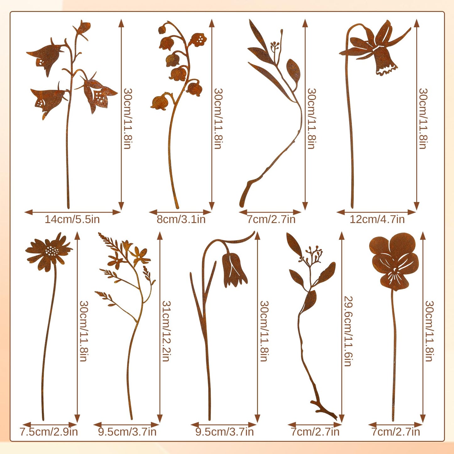 RumonZS 9 Pcs Rusty Metal Flowers Rustic Spring Plants Rusty Metal Garden Stakes Decor for Outside Yard Art Decorative Garden Stakes Potted Plants Lawn Yard Walkway and Flower Garden