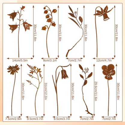RumonZS 9 Pcs Rusty Metal Flowers Rustic Spring Plants Rusty Metal Garden Stakes Decor for Outside Yard Art Decorative Garden Stakes Potted Plants Lawn Yard Walkway and Flower Garden