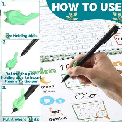 gisgfim Grooved Cursive Handwriting Workbook Magic Reusable Grooved Cursive Handwriting Practice Guided Tracing with Disappearing Ink Pens for Beginners Kids Learning Activities Supplies (Letters)