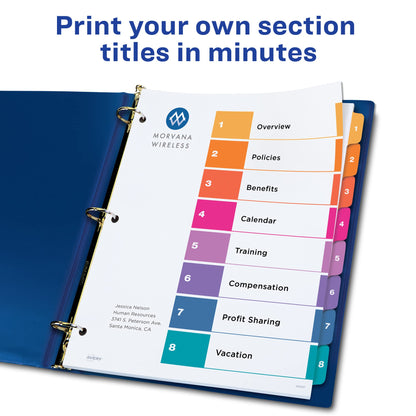 Avery 8 Tab Dividers for 3 Ring Binders, Customizable Table of Contents, Multicolor Tabs, 6 Sets (11186)