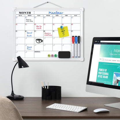 MaxGear Monthly Calendar Dry Erase Board for Wall, 16"x12" Small Hanging Double-Sided White Board, Portable Whiteboard for Planning, Drawing, Memo, to Do List, School, Home, Kitchen, Office