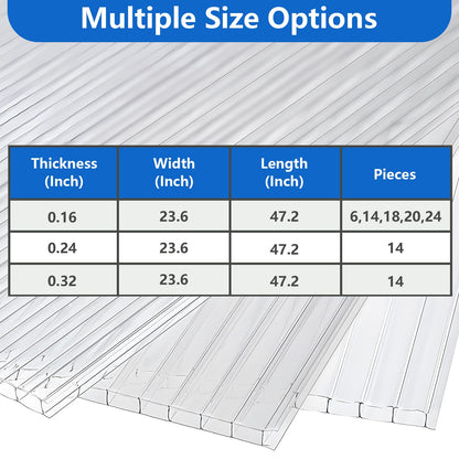 DGSL 18 Pcs Polycarbonate Greenhouse Panels, 4' x 2' x 0.16'' Twin-Wall Panels, Polycarbonate Sheet for All Weather Outdoor Garden and Greenhouse Covering