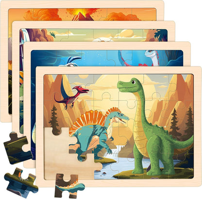 Puzzles for Kids Ages 4-6, 4 Packs Wooden Dinosaur Puzzles for Toddlers Ages 3-5, Preschool Educational Dino Puzzles Boards Toys Gifts for 3 4 5 6 Boys Girls