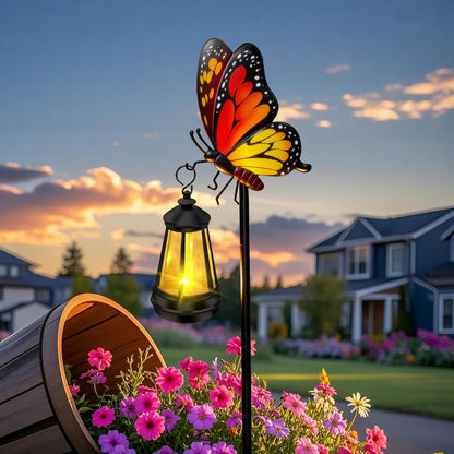 ZFNN Solar Garden Decor Lights Outdoor Waterproof, Metal Butterfly Stakes with Solar Lanterns, Solar Garden Lights for Decorative Yard Art Outside Patio Lawn Ornaments, Gifts for Women Mom