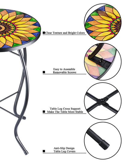 VCUTEKA Sunflower Outdoor Side Table, Mosaic Design, Small Glass Top, Round, Patio Side Table, Balcony Coffee Table, Indoor, 14 inches, Yellow