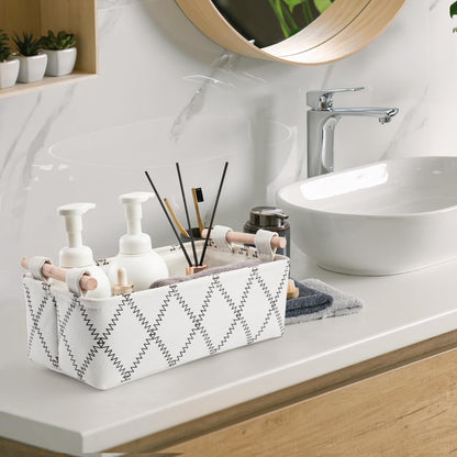 Toilet Tank Basket for Bathroom Storage - Holds 2-4 Toilet Paper Rolls, Small Decorative Basket with Wood Handles, Collapsible Organizer for Countertop, Shelf, Boho Home Décor, 12.5"x7"x4.5", White