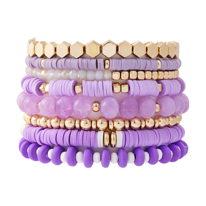 GOOJIDS Purple Surfer Heishi Clay Bead Bracelets for Women Bohemian Stackable Gold Plated Beaded Stretch Bracelets Elastic Layering Friendship Bracelets Set Boho Jewelry