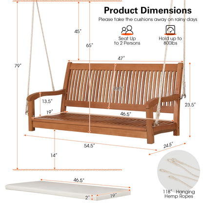 Tangkula 2 Person Hanging Porch Swing, Outdoor Bench Swing with Hanging Ropes, High Back, Cozy Armrests, Heavy Duty 800Lbs Wooden Hanging Swing Chair with Cushion for Backyard, Deck, Garden Natural