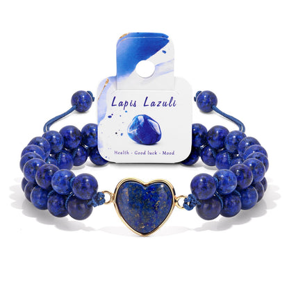 Natural Stone Bracelets for Women Crystal Beaded Bracelets Lapis Lazuli Heart Handmade Adjustable Bracelet Braided Healing Crystal for Women Men Mothers Day Christmas Graduation Gifts Jewelry