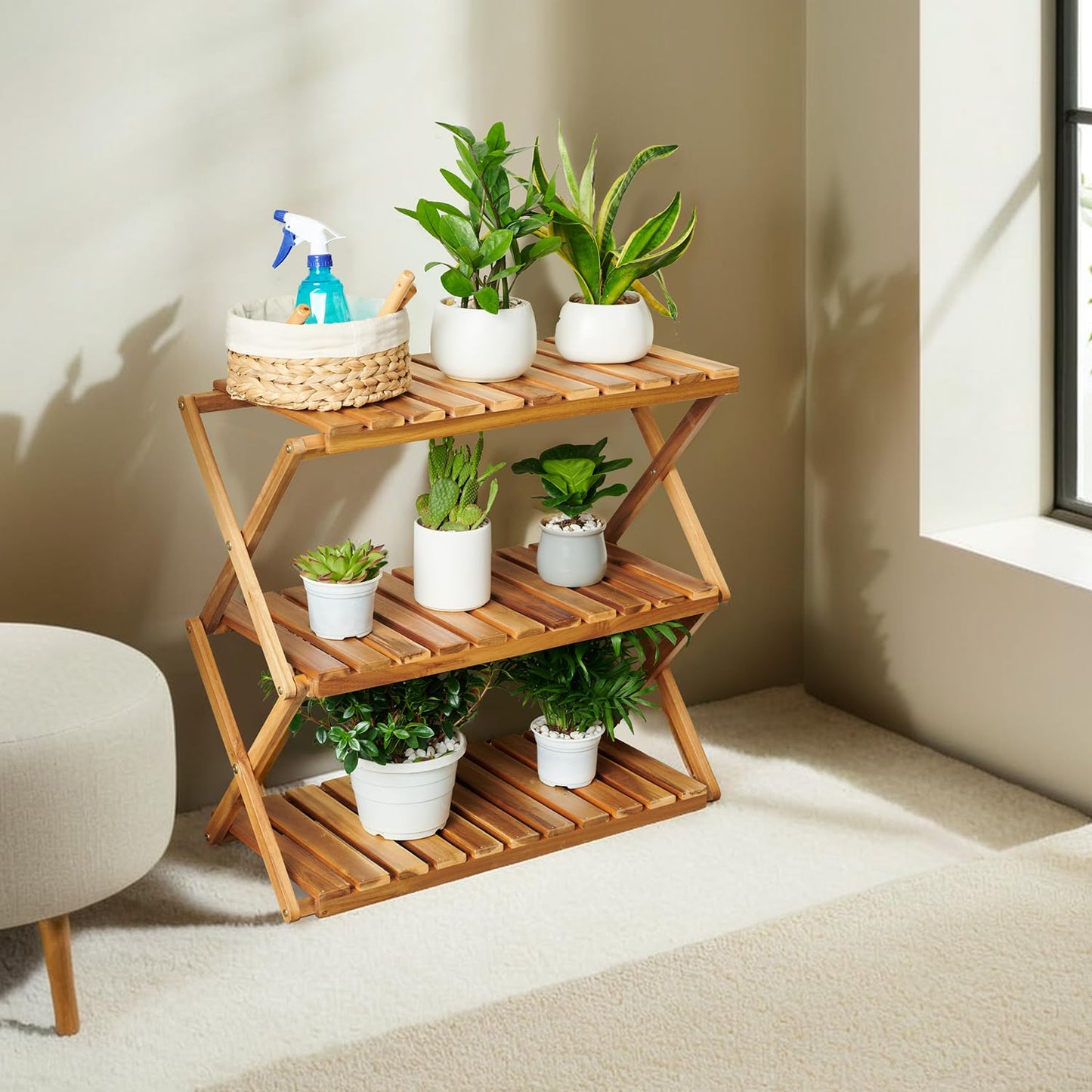 BEEFURNI Acacia Plant Stand Indoor, Wooden Outdoor Plant Stand, Foldable Plant Stand, 3 Tier Conner Space Flower Stand, Plant Ladder Stand (Natural)